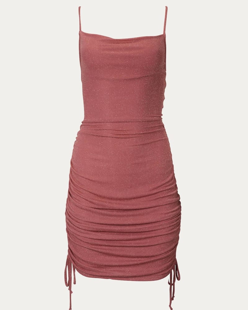 Front of a size L Ruched Lurex Stretch-Jersey Mini Dress in Scarlet in Scarlet by By Together. | dia_product_style_image_id:338289